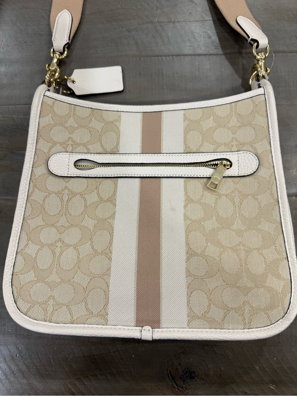 Coach Beige Signature Crossbody with White Trim and Center Stripe - Picture 6 of 9